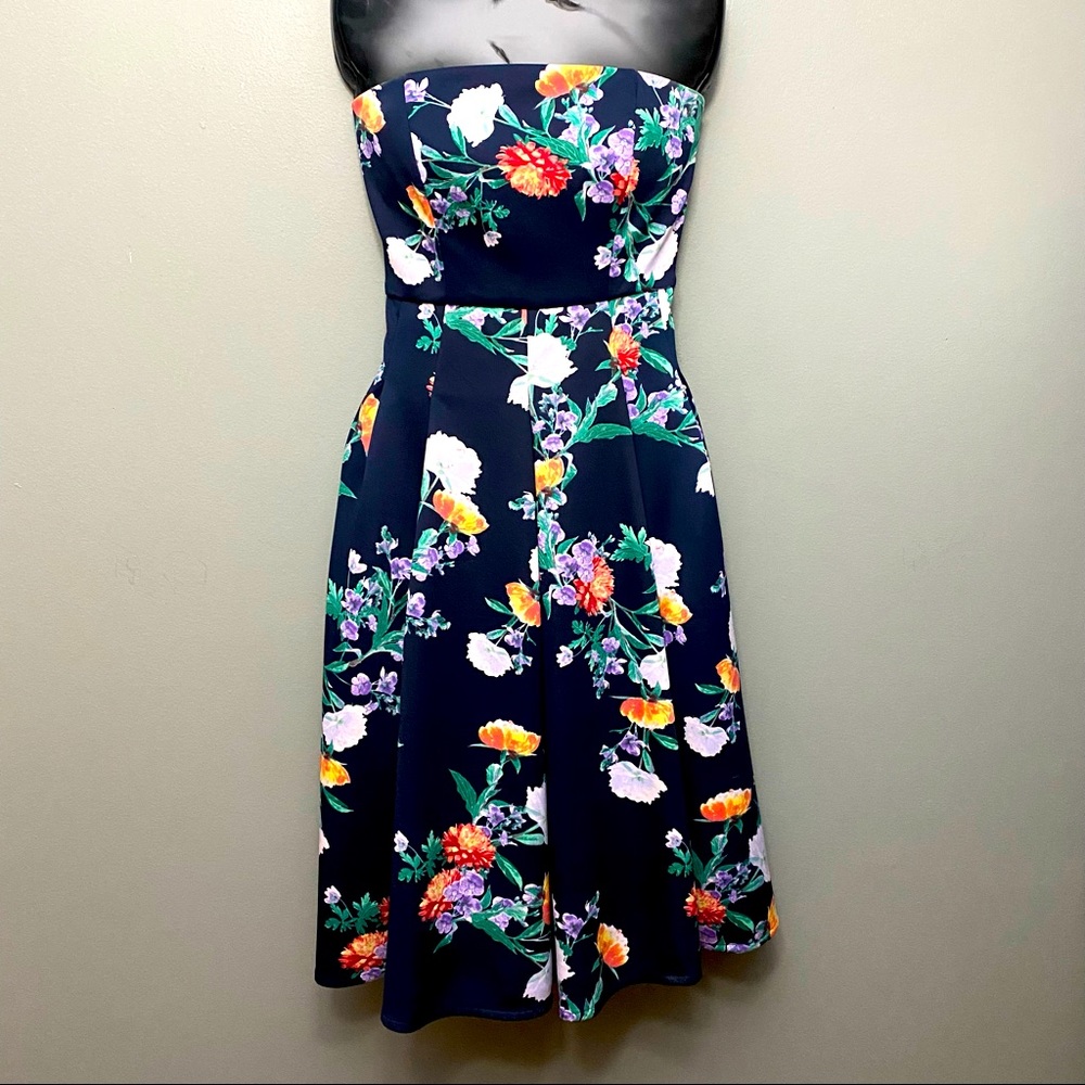 Navy Blue with Floral Halter A-line Dress